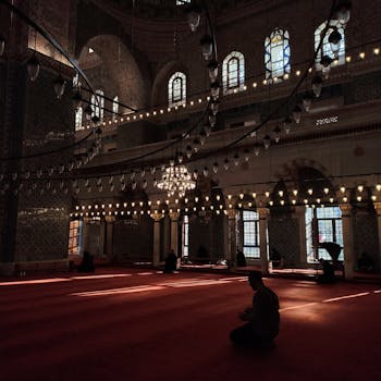 Dimly lit mosque interior with chandeliers and ornate architecture in Istanbul.